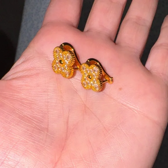 Gold Crystal Clover Stud Earrings - Women's Jewelry - Picture 2 of 3